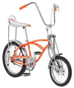 schwinn classic krate kids bike, for boys and girls age 6+ year old, iconic sting-ray frame & springer fork, vintage high-rise ape handlebar, banana seat, orange krate