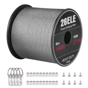 26ele picture hanging wire 190lbs, heavy duty stainless steel wire rope for hanging picture frame mirror and wall art, strong metal wire 100feet with 20pcs crimping sleeves, 4 d rings and 8 screws