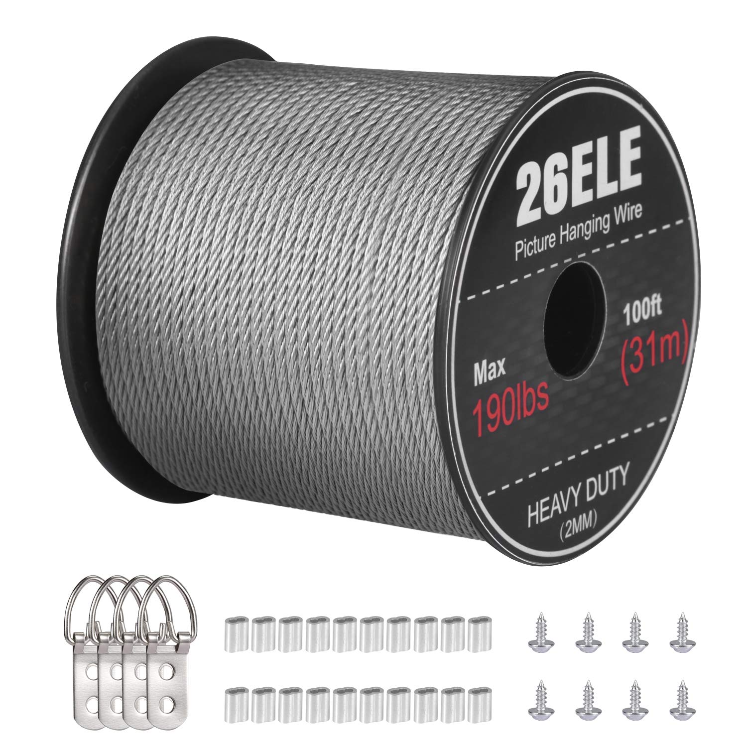 26ELE Picture Hanging Wire 190lbs, Heavy Duty Stainless Steel Wire Rope for Hanging Picture Frame Mirror and Wall Art, Strong Metal Wire 100Feet with 20PCS Crimping Sleeves, 4 D Rings and 8 Screws