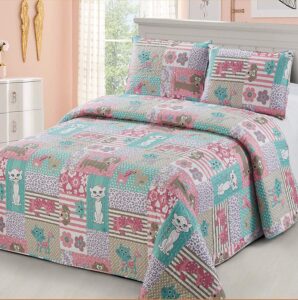 luxury home collection 2 piece twin size coverlet bedspread quilt set with pillowcase kids/toddlers/girls multicolor fun design dogs cats pets flower petals puppy lover aqua pink purple white