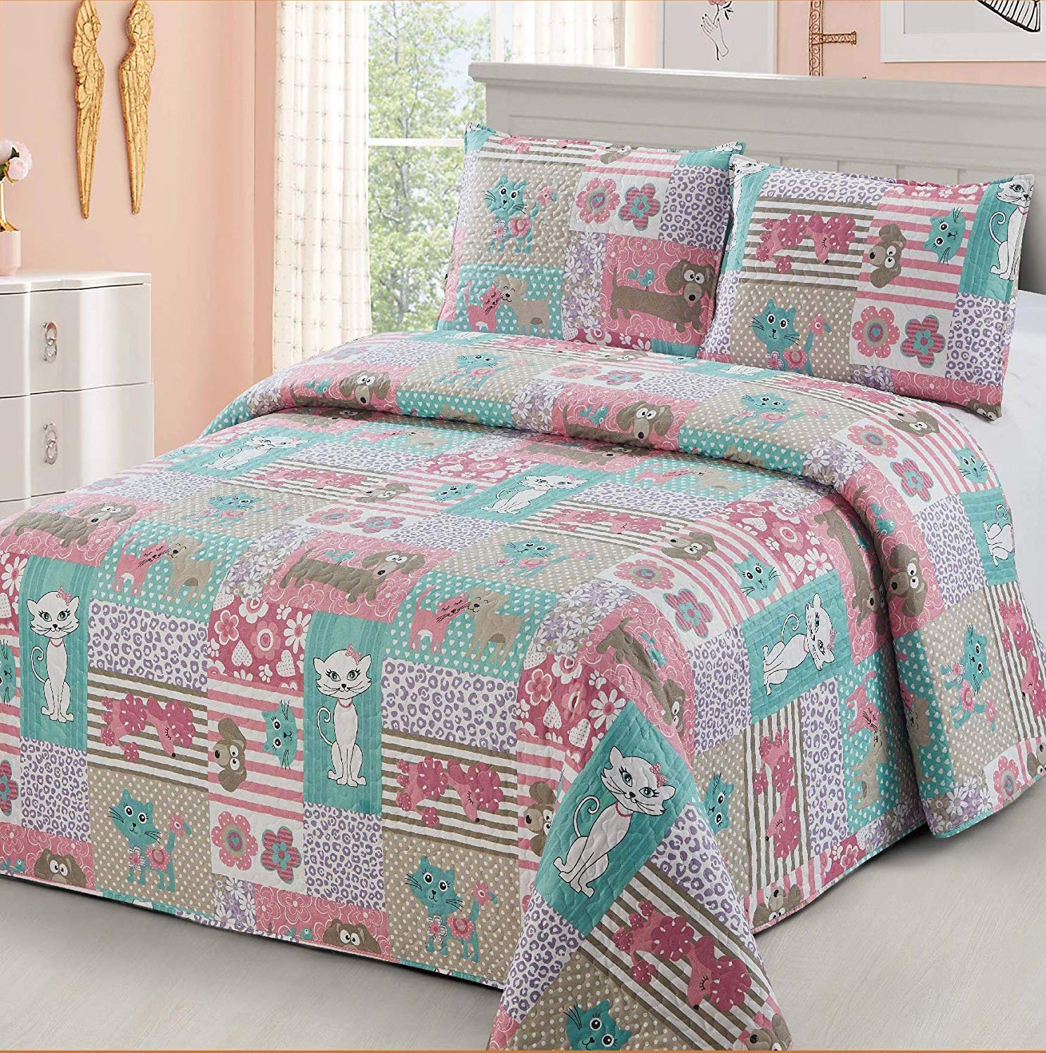 Luxury Home Collection 2 Piece Twin Size Coverlet Bedspread Quilt Set with Pillowcase Kids/Toddlers/Girls Multicolor Fun Design Dogs Cats Pets Flower Petals Puppy Lover Aqua Pink Purple White