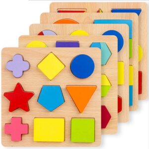 Wooden Simple Shape Puzzle 5 of Set for Toddlers First Jigsaw Puzzle Toys Shape Color Sorting Matching Peg Puzzle Montessori Geometric Early Educational Toys