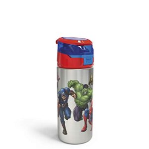 zak designs marvel comics durable single wall stainless steel water bottle with push-button flip lid leak-proof design is perfect for outdoor sports (19.5oz, bpa free), 19.5 oz, avengers