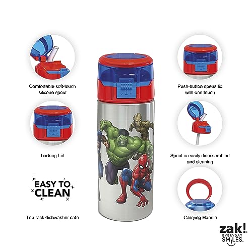 Zak Designs Marvel Comics Durable Single Wall Stainless Steel Water Bottle with Push-Button Flip Lid Leak-Proof Design is Perfect for Outdoor Sports (19.5oz, BPA Free), 19.5 oz, Avengers