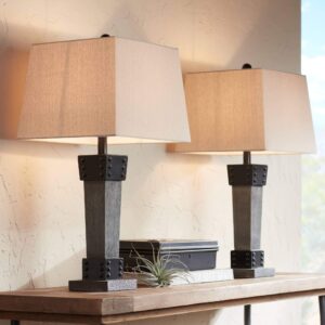 john timberland jacob industrial rustic table lamps 26" tall set of 2 with dimmers gray faux wood led tapered rectangular shade for bedroom living room house home bedside nightstand office