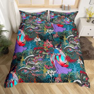 dragon duvet cover king japanese style exotic bedding sets animal pattern plant floral decor comforter cover asian culture theme bedding with zipper ties soft luxury duvet cover for adult women girls