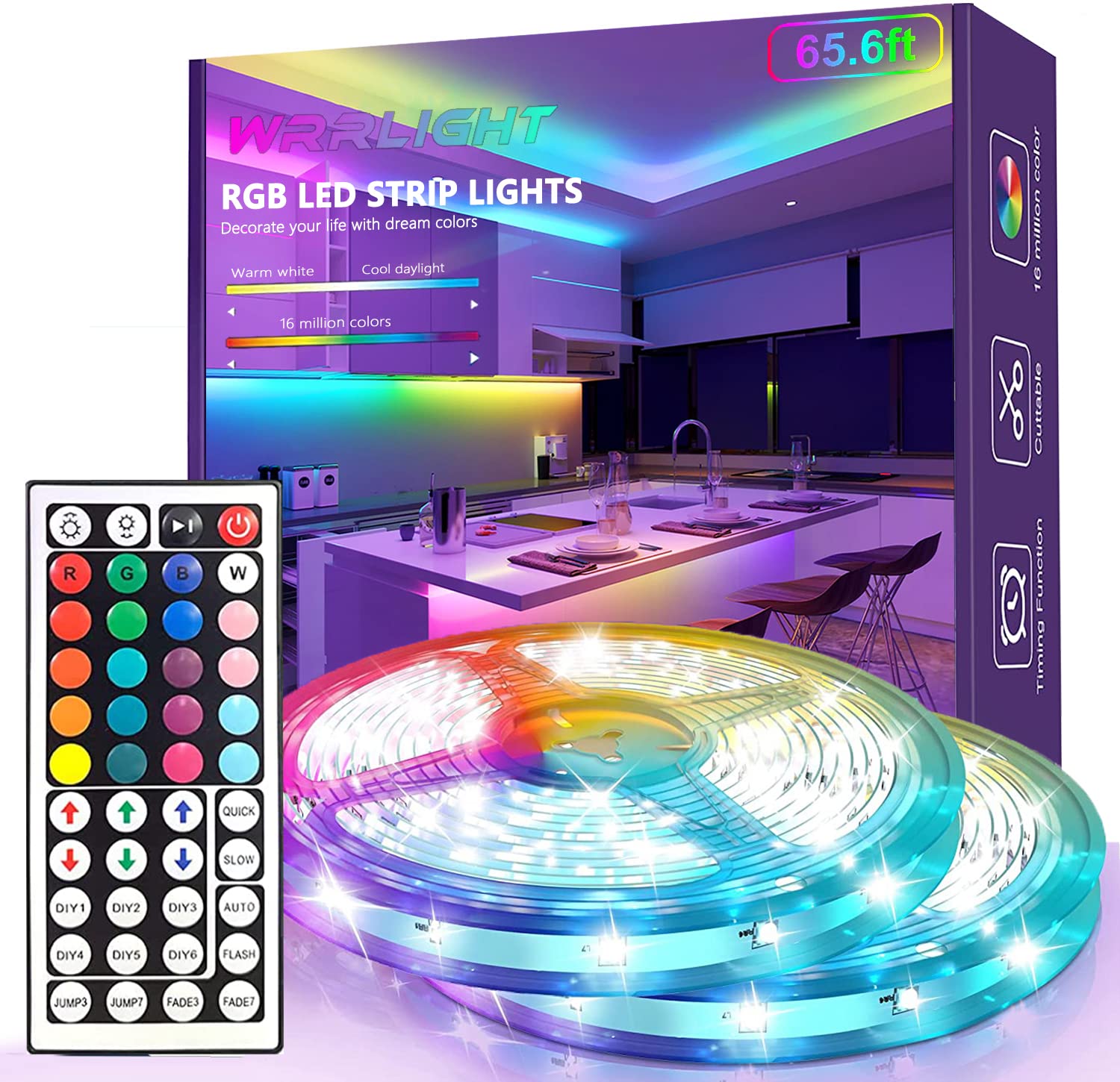 EJ's SUPER CAR Led Strip Lights 65.6ft (2 Rolls of 32.8ft) RGB Light Strips with 44 Keys IR Remote, 5050 SMD Color Changing LED Strip Lights Flexible Tape Light Kit Controller for Kitchen Home Party