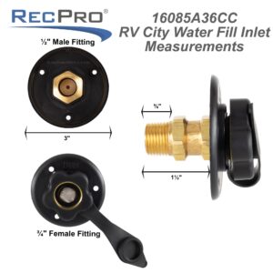 RecPro RV City Water Fill Inlet | Black | Optional Hose Elbow and or Gasket Seal | Flange Brass with Check Valve | Camper | Trailer | Marine (No Hose Elbow, with Seal) | Made in USA