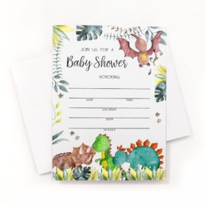 baby shower invitations for boy, 50 invitations and envelopes, safari jungle fill-in invites for baby showers, dinosaur baby shower decorations for boys, gender reveal parties (large size 5x7)