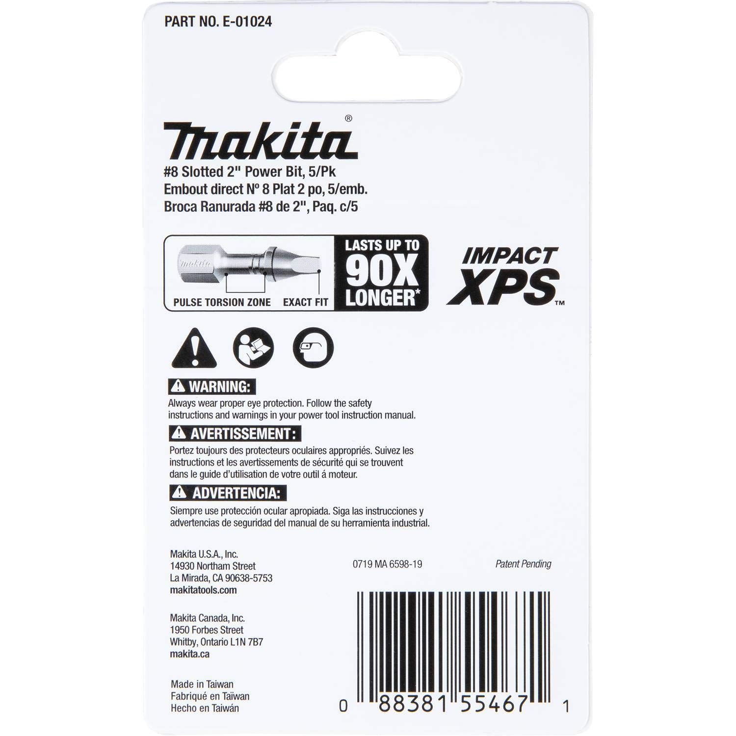 Makita E-01024 Impact XPS™ #8 Slotted 2" Power Bit, 5/pk