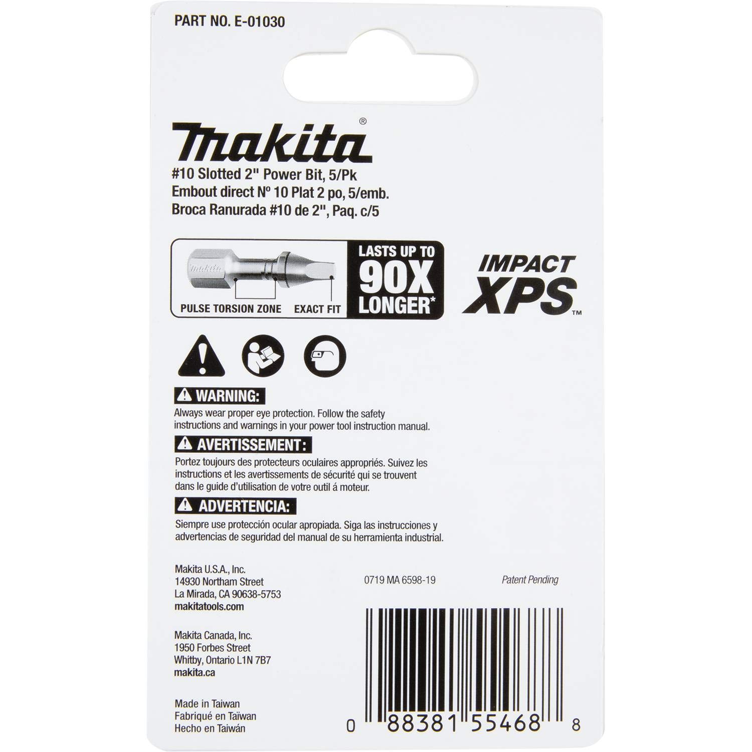 Makita E-01030 Impact XPS™ #10 Slotted 2" Power Bit, 5/pk