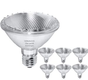 par30 short neck, 6pcs par30 75w 120v halogen light bulbs, dimmable. premium quality for long lasting life, e26 base, 3000k warm white, par30 flood light great for accent lighting, tracking light