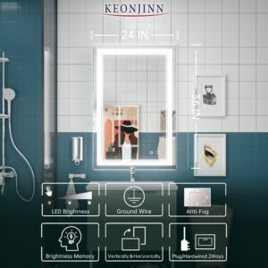 Keonjinn LED Mirror for Bathroom, 36 x 24 Inch, Wall Mounted, Dimmable, Anti-Fog, IP54 Waterproof, 3 Year Warranty