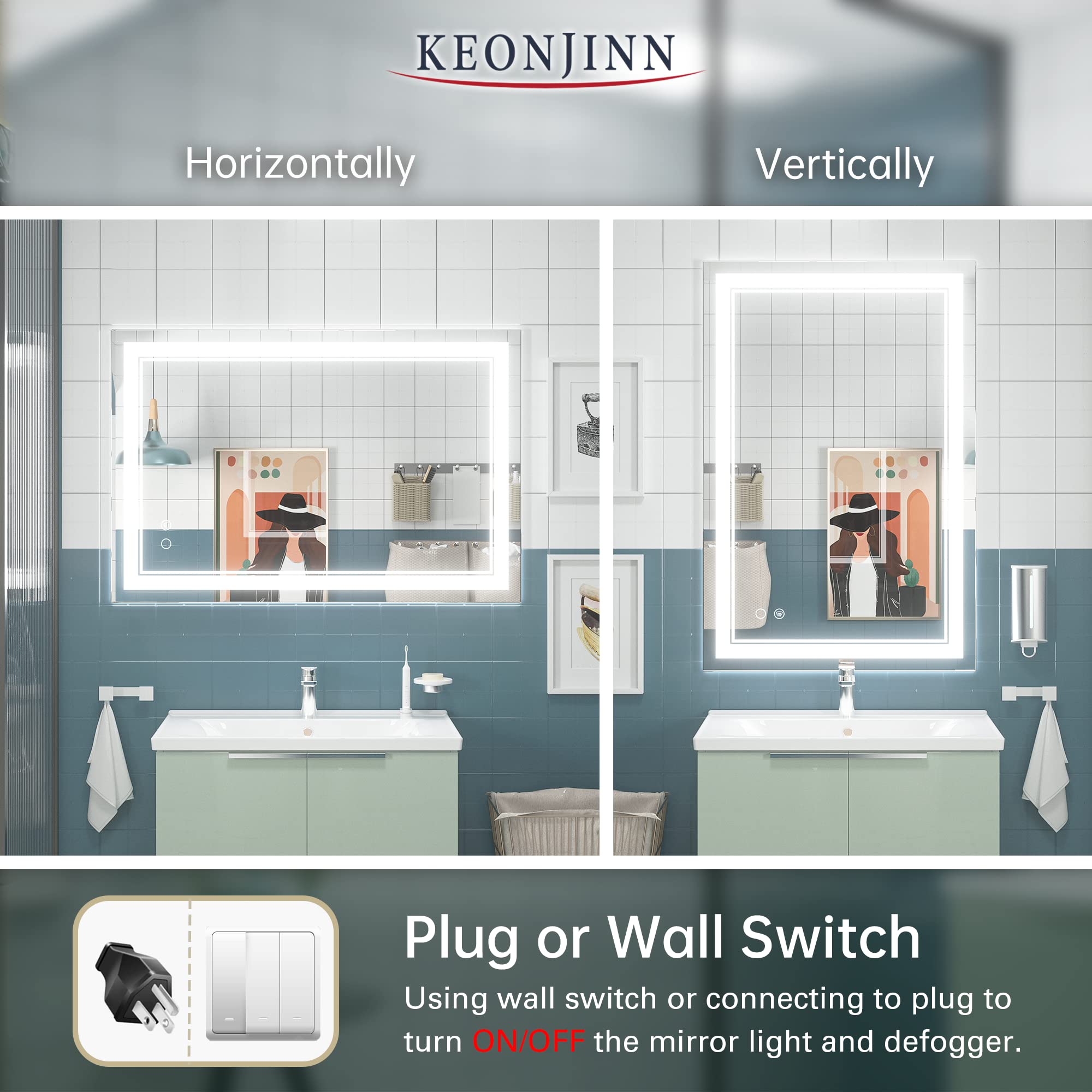 Keonjinn LED Mirror for Bathroom, 36 x 24 Inch, Wall Mounted, Dimmable, Anti-Fog, IP54 Waterproof, 3 Year Warranty