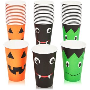 spooky central 48 pack halloween paper cups, pumpkin, vampire bat, frankenstein for party supplies (12 oz)