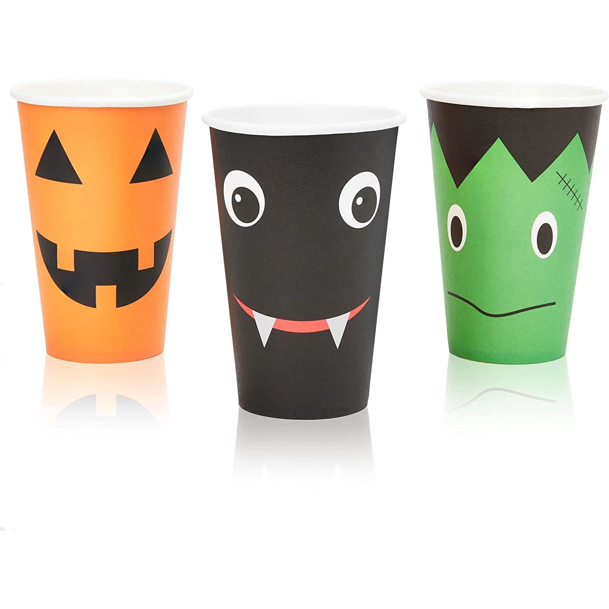 Spooky Central 48 Pack Halloween Paper Cups, Pumpkin, Vampire Bat, Frankenstein for Party Supplies (12 oz)