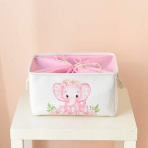 INough Nursery Baby Elephant Basket Large Baby Basket for Shower Gift Pink Elephant Baby Girl Gift Bag Collapsible Gift Basket Empty Pink Basket, Decor for Kidsroom Nursery Room Play Room (Large)