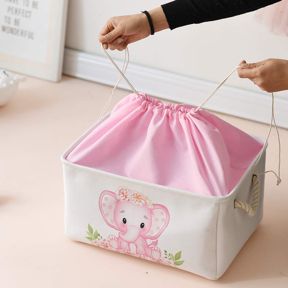 INough Nursery Baby Elephant Basket Large Baby Basket for Shower Gift Pink Elephant Baby Girl Gift Bag Collapsible Gift Basket Empty Pink Basket, Decor for Kidsroom Nursery Room Play Room (Large)