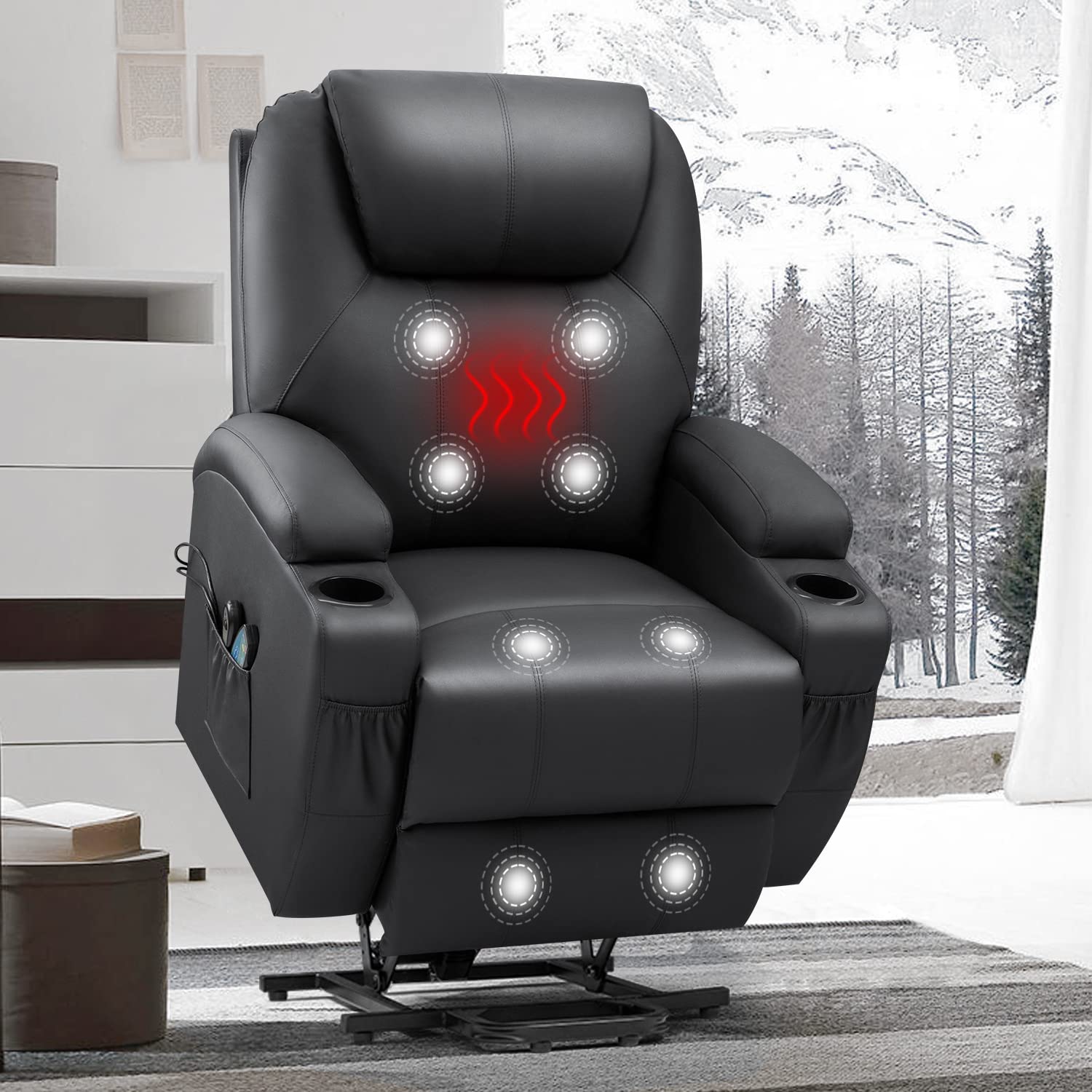 VICTONE Electric Power Lift Recliner Chair for Elderly Reclining Sofa for Living Room with Massage and Heat, Side Pockets and Cup Holders (Leather, Black)