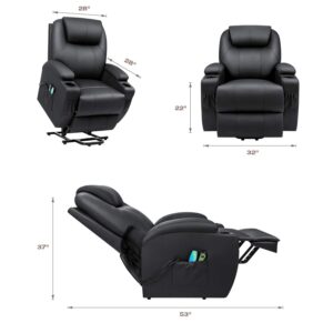 VICTONE Electric Power Lift Recliner Chair for Elderly Reclining Sofa for Living Room with Massage and Heat, Side Pockets and Cup Holders (Leather, Black)