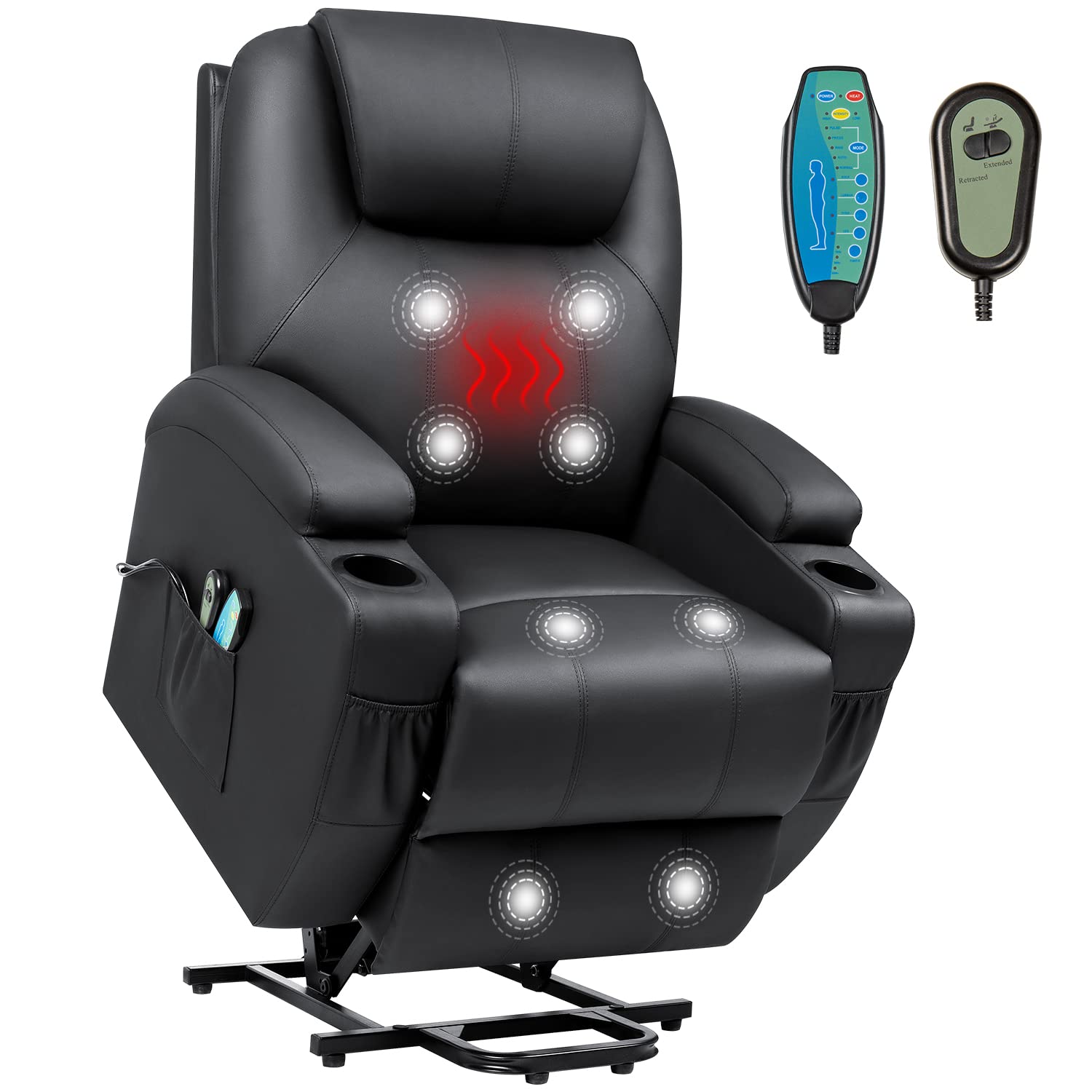 VICTONE Electric Power Lift Recliner Chair for Elderly Reclining Sofa for Living Room with Massage and Heat, Side Pockets and Cup Holders (Leather, Black)