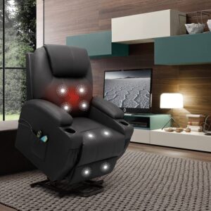 VICTONE Electric Power Lift Recliner Chair for Elderly Reclining Sofa for Living Room with Massage and Heat, Side Pockets and Cup Holders (Leather, Black)