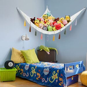 KOHUIJOO Stuffed Animal Hammock, Jumbo Toy Storage Hammock Net KoHuiJoo 70" Wall Sling Corner Extra Large Kids Children Mesh Plush Toy Net Organizer White with Tassels