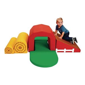 soft play barn and tunnel climber by environments, farm-themed playset for infants and toddlers, safe active play for preschools, daycares and playrooms