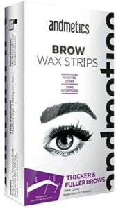 vegan andmetics brow wax strips for thicker & fuller brows - eyebrows - hair removal with aloe vera, 8 strips + 4 calming wipes - patented strips