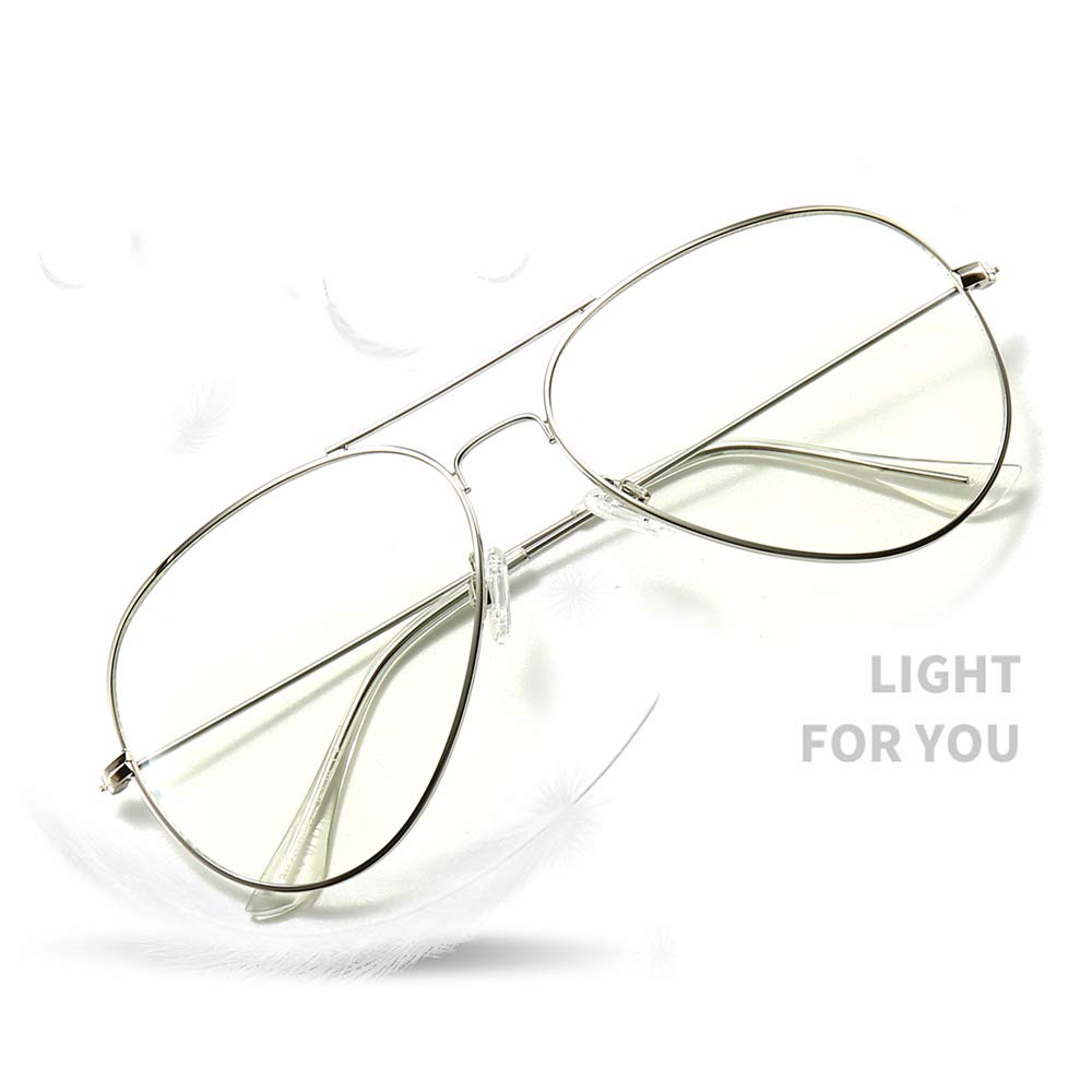 Dollger Aviator Blue Light Blocking Glasses Clear Lens Non Prescription Metal Frame Eyewear for Men Women Silve