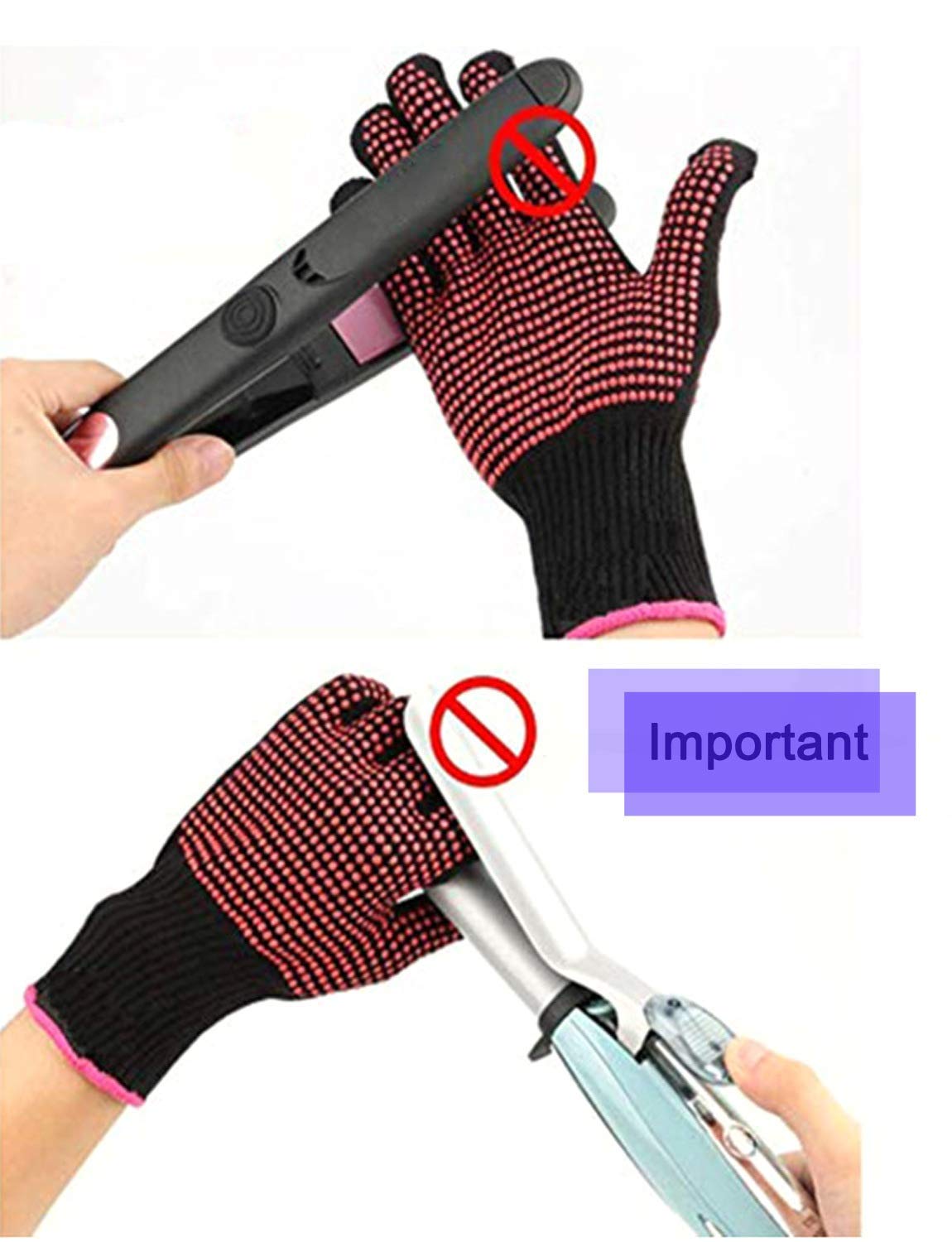 AFT90 2 Pcs Professional Heat Resistant Glove for Hair Styling Heat Blocking Gloves for Curling, Flat Iron and Hair Styling Tools, Silicone Bump, Pink Edge