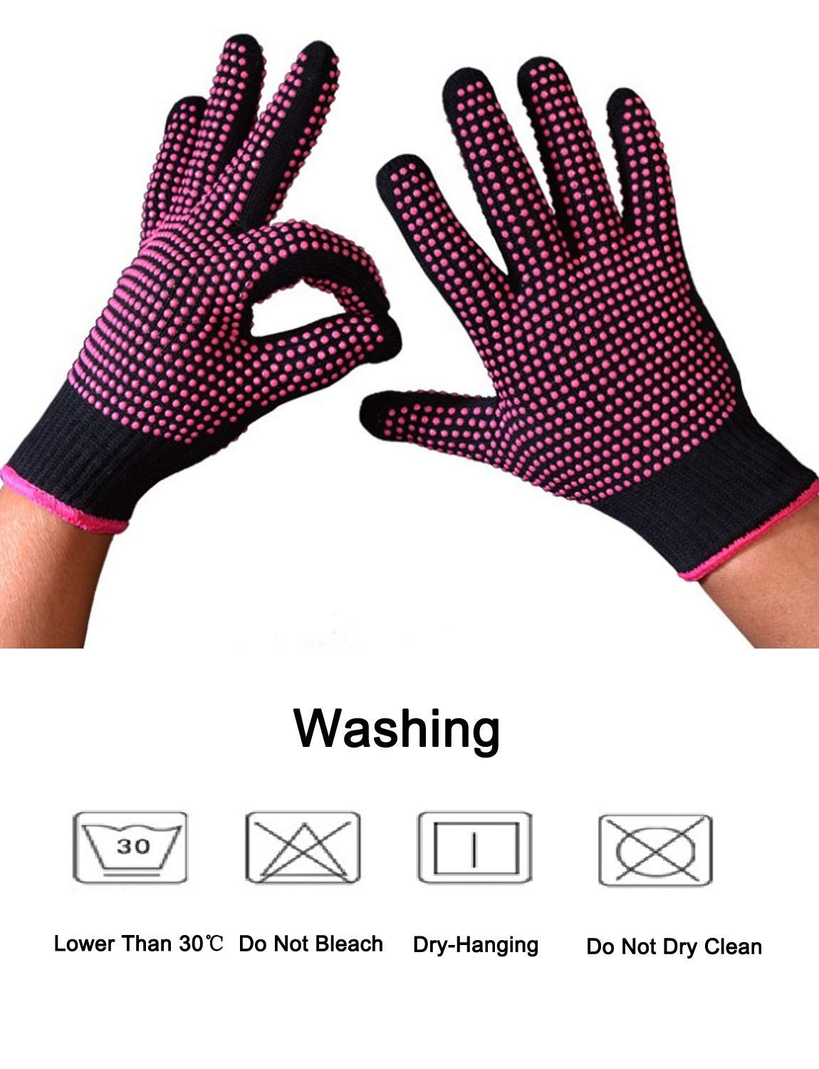 AFT90 2 Pcs Professional Heat Resistant Glove for Hair Styling Heat Blocking Gloves for Curling, Flat Iron and Hair Styling Tools, Silicone Bump, Pink Edge