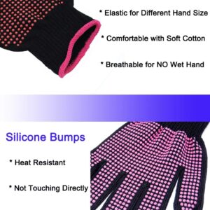 AFT90 2 Pcs Professional Heat Resistant Glove for Hair Styling Heat Blocking Gloves for Curling, Flat Iron and Hair Styling Tools, Silicone Bump, Pink Edge