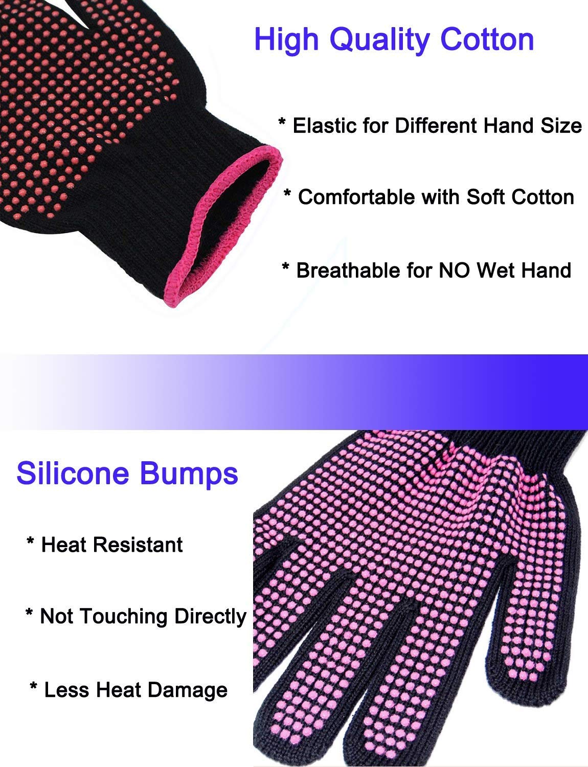 AFT90 2 Pcs Professional Heat Resistant Glove for Hair Styling Heat Blocking Gloves for Curling, Flat Iron and Hair Styling Tools, Silicone Bump, Pink Edge