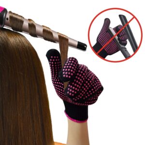 AFT90 2 Pcs Professional Heat Resistant Glove for Hair Styling Heat Blocking Gloves for Curling, Flat Iron and Hair Styling Tools, Silicone Bump, Pink Edge