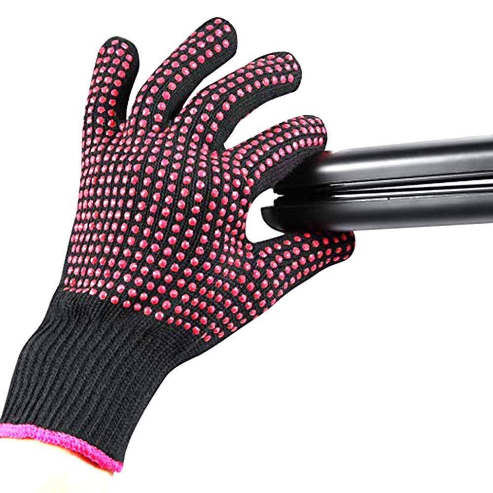 AFT90 2 Pcs Professional Heat Resistant Glove for Hair Styling Heat Blocking Gloves for Curling, Flat Iron and Hair Styling Tools, Silicone Bump, Pink Edge