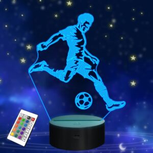 fullosun soccer night light, 3d optical illusion lamp for soccer fan, idea birthday xmas gifts for sport fan boys girls with remote control 16 color change + dim function + 4 flash mode