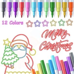 ohuhu outline markers: 12 colors outline pens squiggles shimmer metallic outline markers set self-outline metallic markers for drawing cards making writing glitter shimmer markers for adults kids