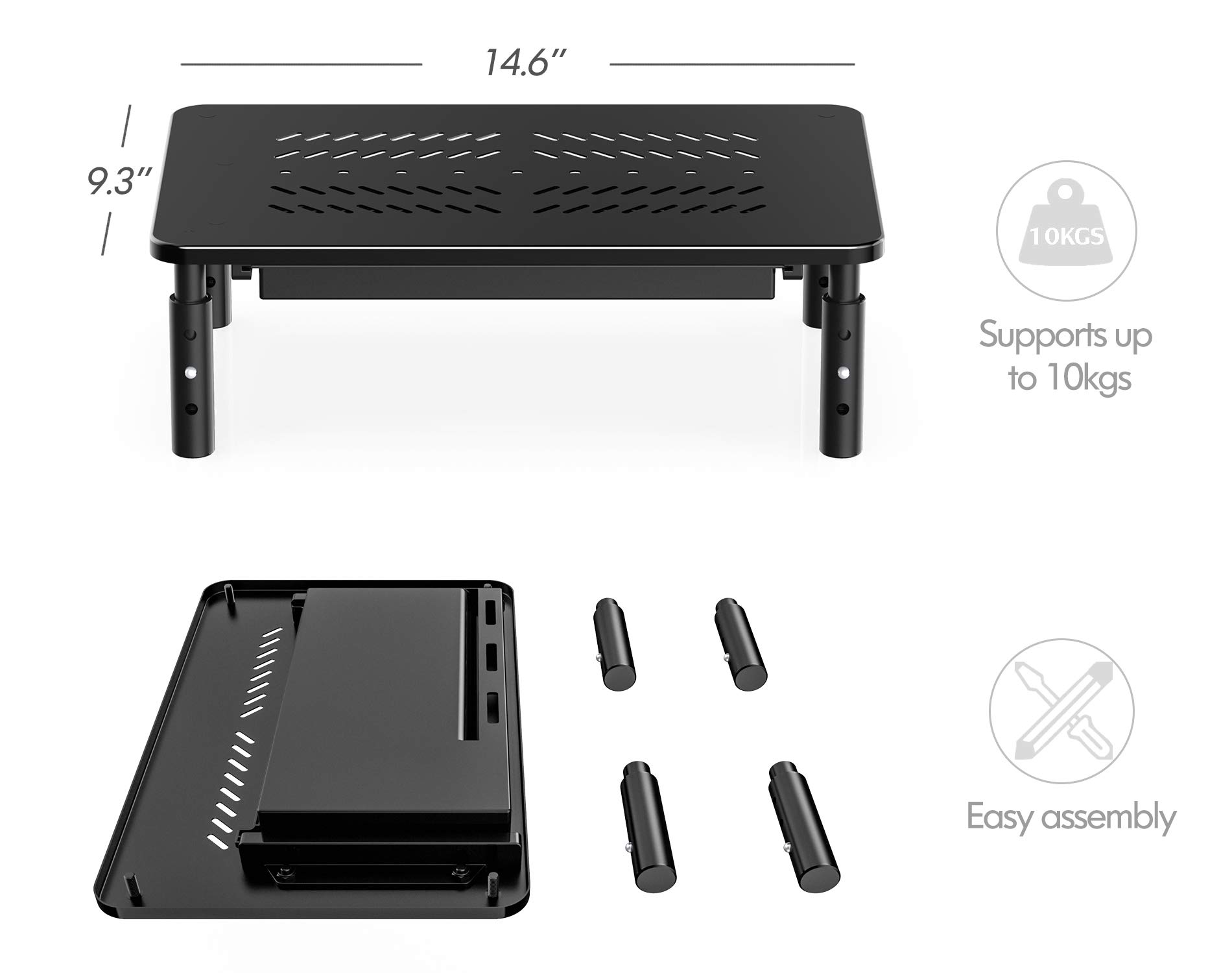 FITUEYES Monitor Stand with Drawer - Adjustable Computer Monitor Riser, Metal Desktop Stand for PC Cellphone Cable Management, Printer Display with Vented, Office Organization, Black, 2PACK