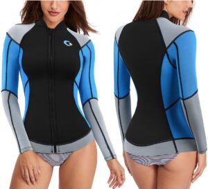 ctrilady wetsuit top, 1.5mm high-necked women’s wetsuit long sleeve jacket neoprene wetsuits with front zipper for swimming, diving, surfing, boating, sauna, fitness and sweating(blue, s)