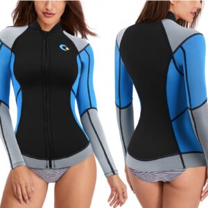 CtriLady Wetsuit Top, 1.5mm High-Necked Women’s Wetsuit Long Sleeve Jacket Neoprene Wetsuits with Front Zipper for Swimming, Diving, Surfing, Boating, Sauna, Fitness and Sweating(Blue, S)