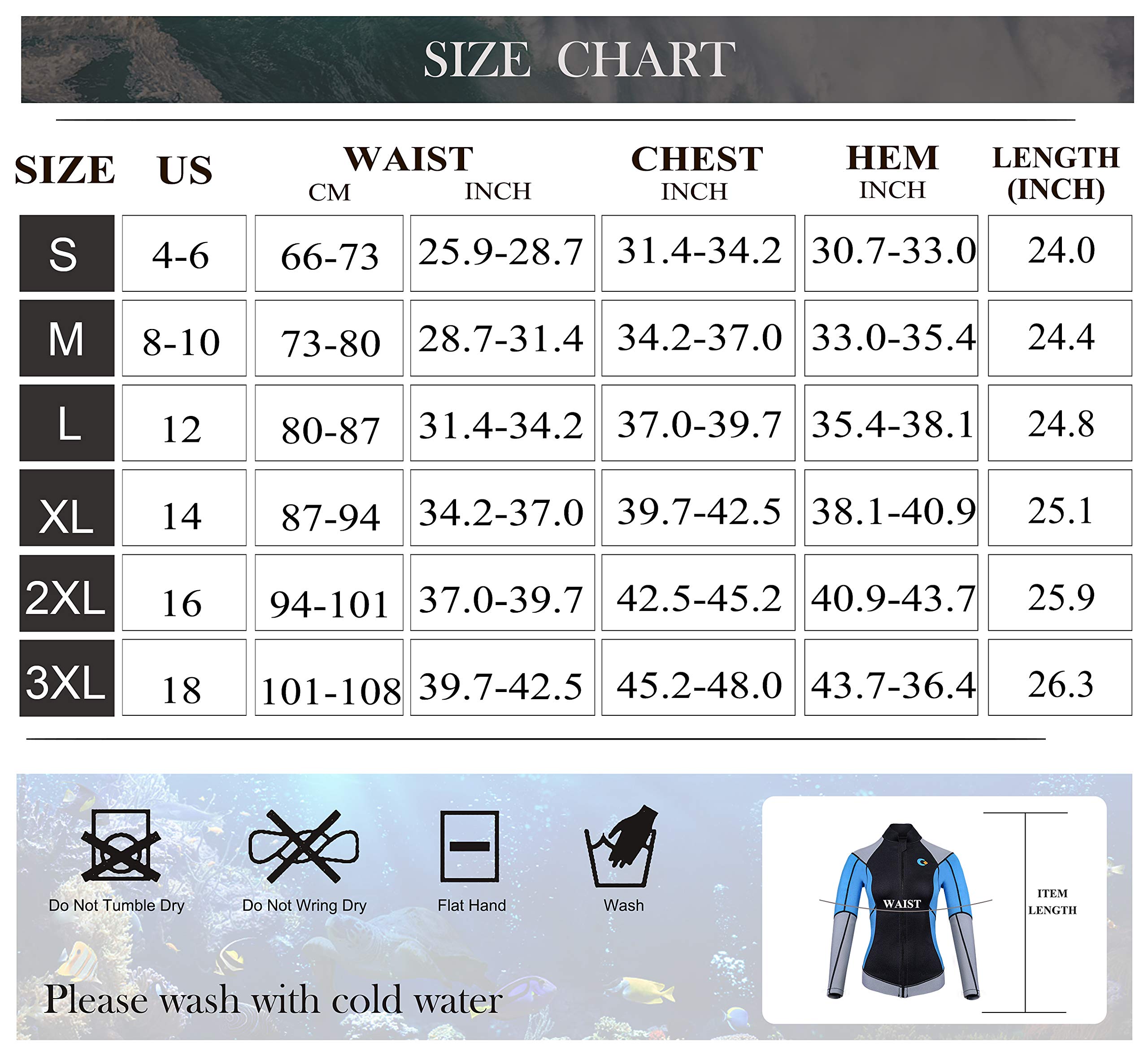 CtriLady Wetsuit Top, 1.5mm High-Necked Women’s Wetsuit Long Sleeve Jacket Neoprene Wetsuits with Front Zipper for Swimming, Diving, Surfing, Boating, Sauna, Fitness and Sweating(Blue, S)