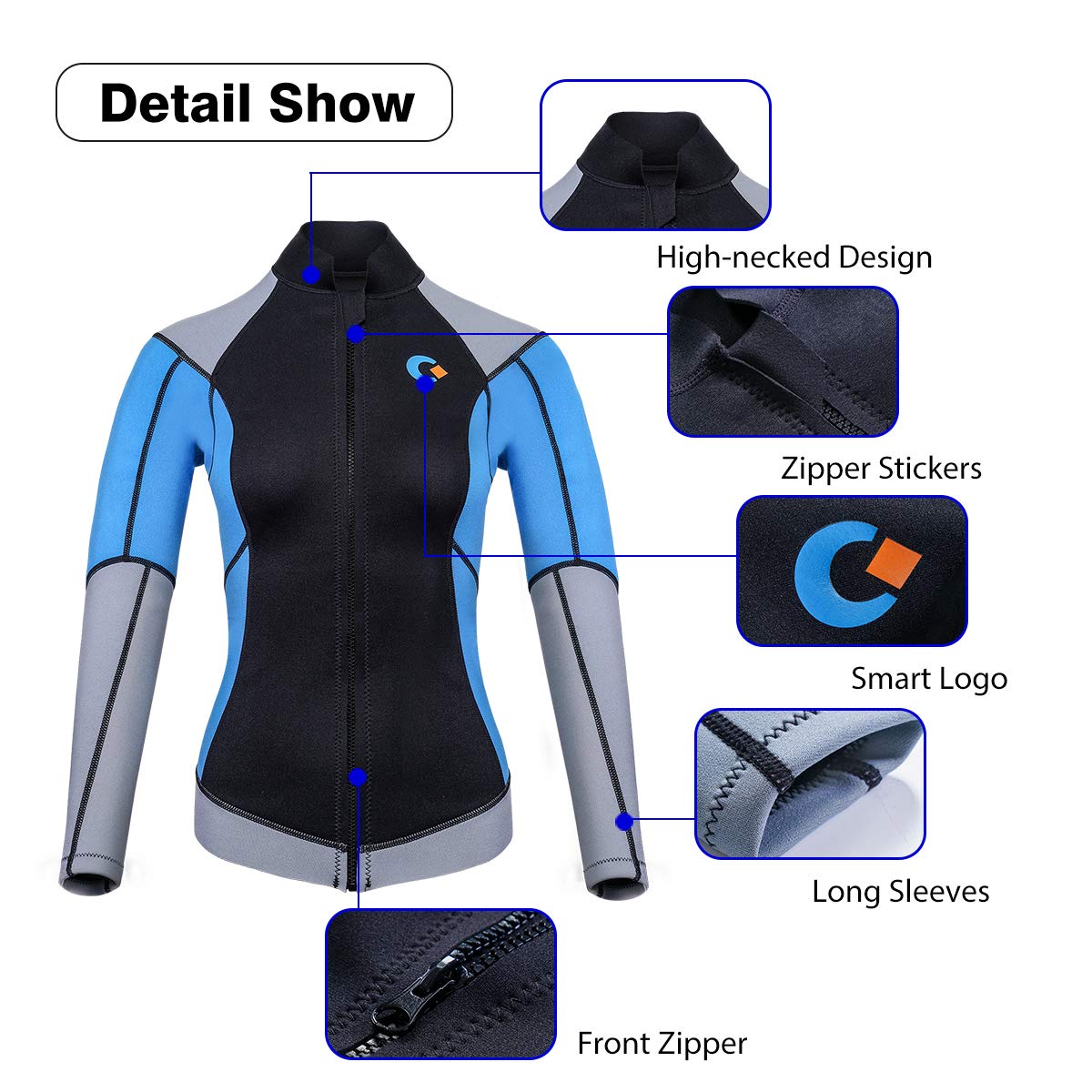 CtriLady Wetsuit Top, 1.5mm High-Necked Women’s Wetsuit Long Sleeve Jacket Neoprene Wetsuits with Front Zipper for Swimming, Diving, Surfing, Boating, Sauna, Fitness and Sweating(Blue, S)