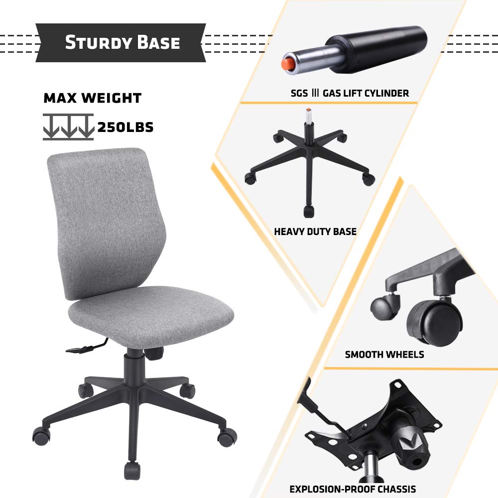 BOWTHY Armless Office Chair - Home Office Chair, Rolling Chair, Desk Chairs with Wheels No Arms, Fabric Task Chair, Swivel Chair for Desk, Sewing Chair(Gray)