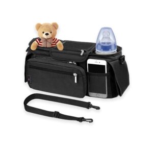 pulli universal baby stroller bag organizer with insulated cup holders for moms on the go. diaper storage, secure straps, detachable bag, pockets for phone, keys, toys. fits all strollers.