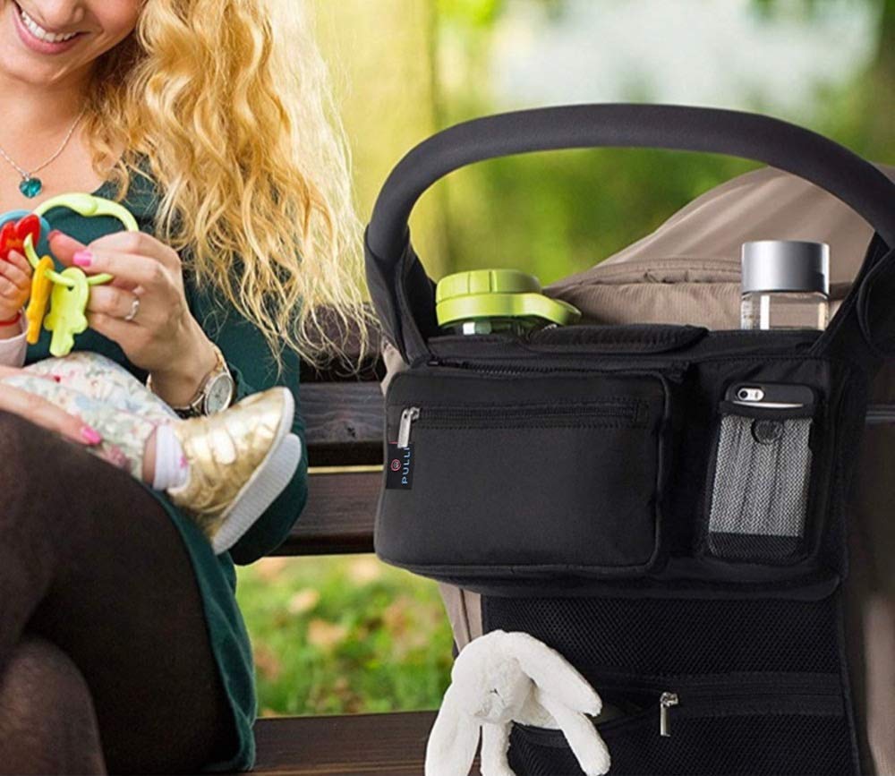 Pulli Universal Baby Stroller Bag Organizer with Insulated Cup Holders for Moms On The Go. Diaper Storage, Secure Straps, Detachable Bag, Pockets for Phone, Keys, Toys. Fits All Strollers.