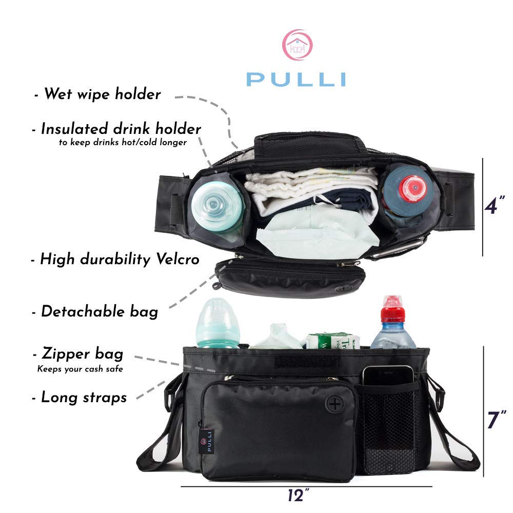 Pulli Universal Baby Stroller Bag Organizer with Insulated Cup Holders for Moms On The Go. Diaper Storage, Secure Straps, Detachable Bag, Pockets for Phone, Keys, Toys. Fits All Strollers.