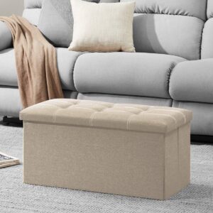 YOUDENOVA 30 inches Folding Storage Ottoman, 80L Ottoman Bench Footrest Stool, Linen Fabric Beige Storage Chest Padded Seat for Bedroom and Living Room, Support 350lbs