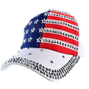 Elonmo Bling Rhinestone Hats, USA Flag Design Womens Baseball Cap Golf Hat Jeans Wash Denim Adjustable (White)