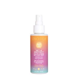 pacifica beauty, set & protect matte sheer setting mist spf 45, face sunscreen, uva/uvb protection, broad spectrum, sets makeup, oil control, 4 fl oz, vegan + cruelty free